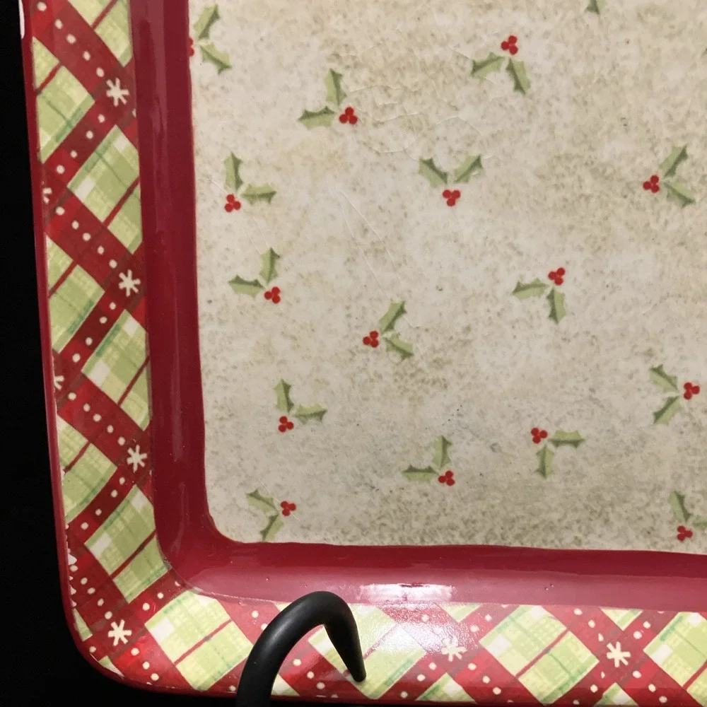 Debbie Mumm JoAnn 2008 Holly Berries Square Porcelain Serving Platter Plaid Chip